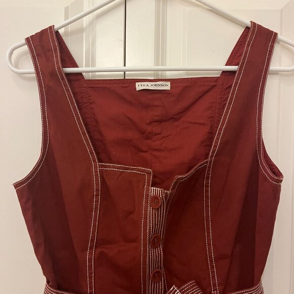 Ulla Johnson Denia Belted Topstitched Cotton-twill Peplum Top In Brick - Picture 3 of 5